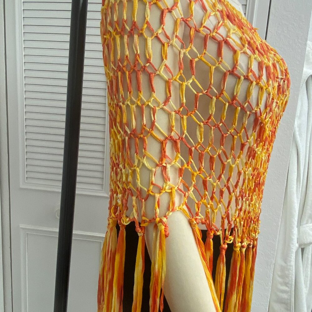 Crochet Poncho Top Oranges Tie Dye OS Doubles as Scarf - Picture 10 of 11